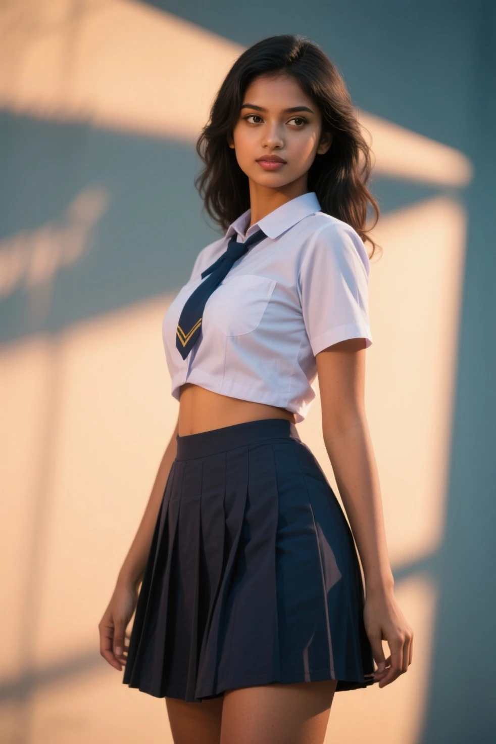 indian girl with huge boobs in a mini skirt school uniform, standing pose, big breasts, thick thighs, slim waist, biting her lips
