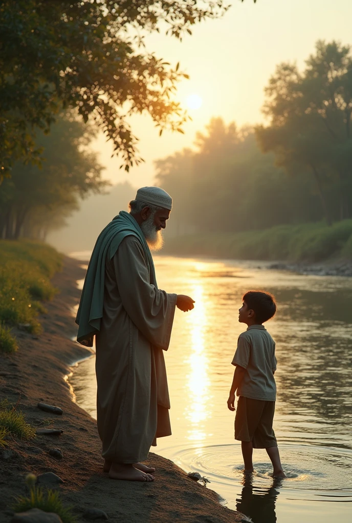 The boy helps his Muslim father remove small fish from the net on the boat.