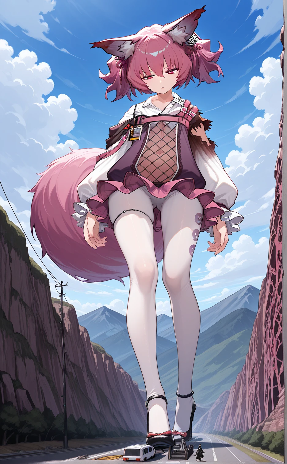 <lora:IluluDragonMaid_NDV:0.7>, IluluDragonMaid_NDV, 1girl, pink hair, gigantic breasts, long hair, horns, red eyes, dragon girl, slit pupils, pointy ears, mountain, outdoors, smile, lips, short sleeves, cowboy shot, <lora:puffcorset:0.6>, puffy sleeve corset, panties, no pants, full body, barefoot