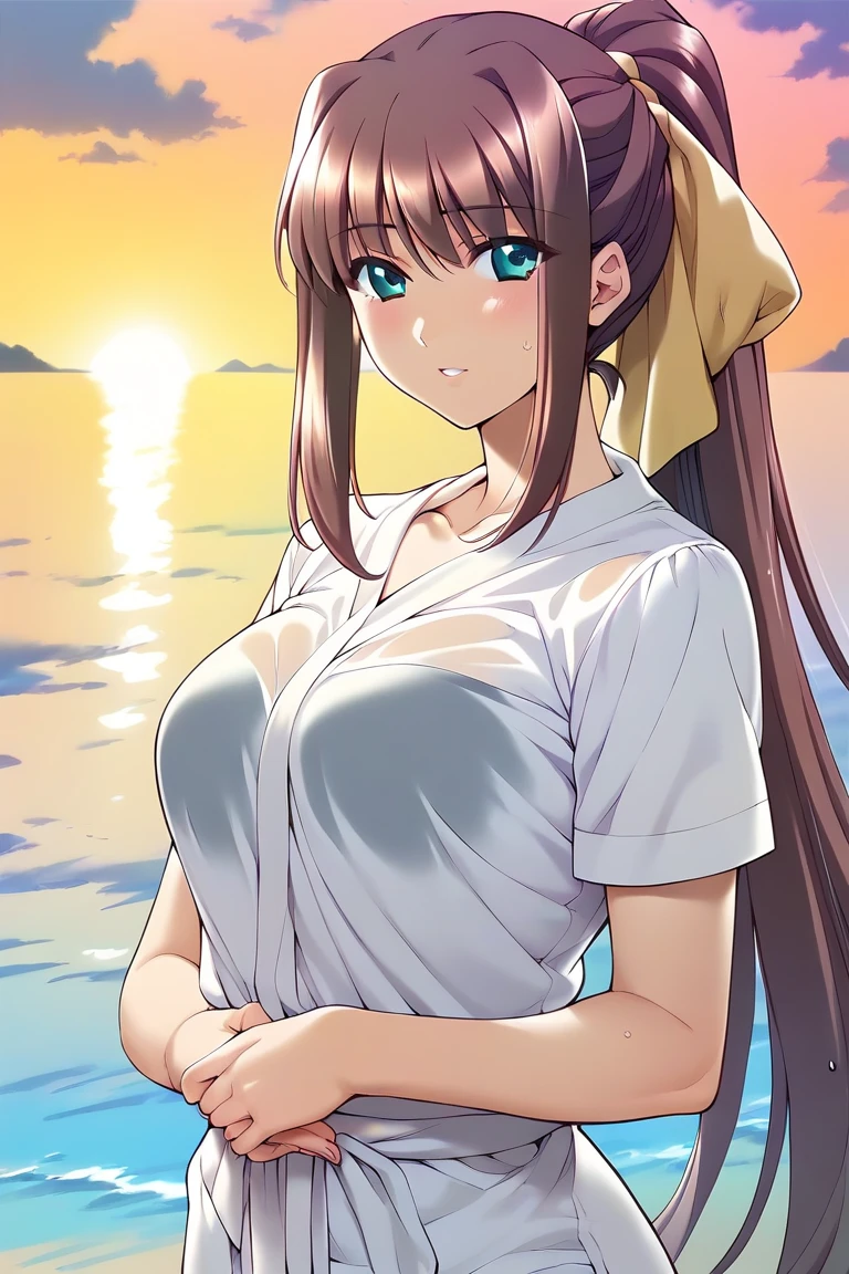 ((masterpiece)), ((best quality)), (ultra-detailed), ((extremely detailed)), 4K, (8K), best quality, (beautiful), a pretty woman, solo,Brown Skin、 (dark skin:0.8) ,beautiful light brown hair, light brown skin, beautiful green eyes, ((beautiful eyes)), triumphant look, smug look, self-satisfied look ,Masterpiece、White dress、Highest quality、Bunny ears、Tanned woman with big 、light brown hair color, forehead Long curlyWavy Hair、White shirt、Black Bra、Black panties、Hot spring inn、a bright moon shines over beautiful scenery of garden and river in night time, moon, architecture, tree, east asian architecture, full moon, scenery, night, cloud, sky、Lots of rabbits