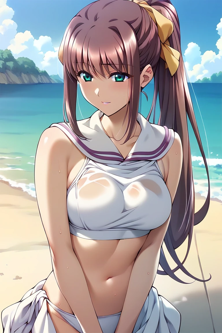 (dynamic angle),in the sandy beach, ocean, splashing, blue sky, windy, rim light, sunlight, beautiful lighting, strong light,pale Light orange Hair, long hair, twintails, hair ribbon, girl1,(open whiteshirt:1.6), (upper body), completely nude, (small nipples:1.2), (small areolas:1.2), kawaii, cute, pale purple eyes,(shy), (blush),(light smile),