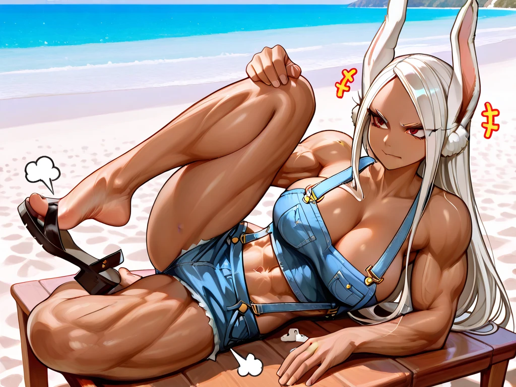 a girl, Saiyan, white hair combed back, green eyes, slender, thin waist, wide hips, dark skin, medium breasts, white bikini, beach, the girl would be on the beach, in the sea, wet body, in the water, slightly transparent bikini, bathing in the sea