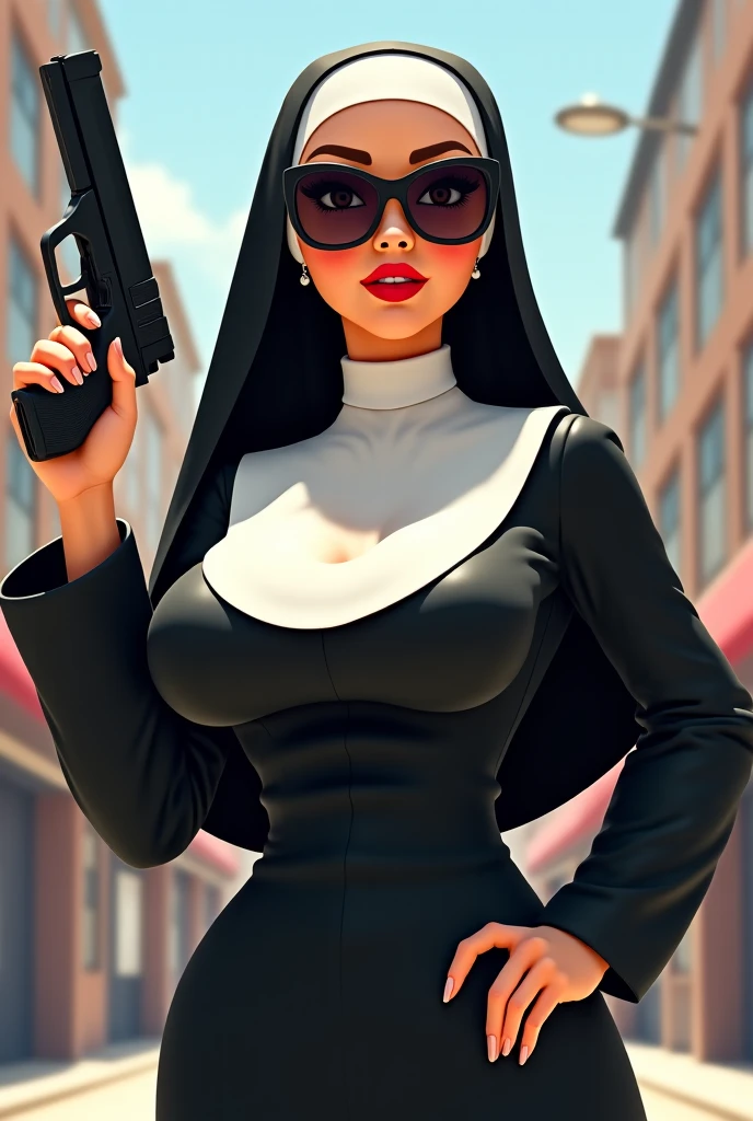 Hot Nun at bar, big chest, ripped dress, hands at table, American flag in background