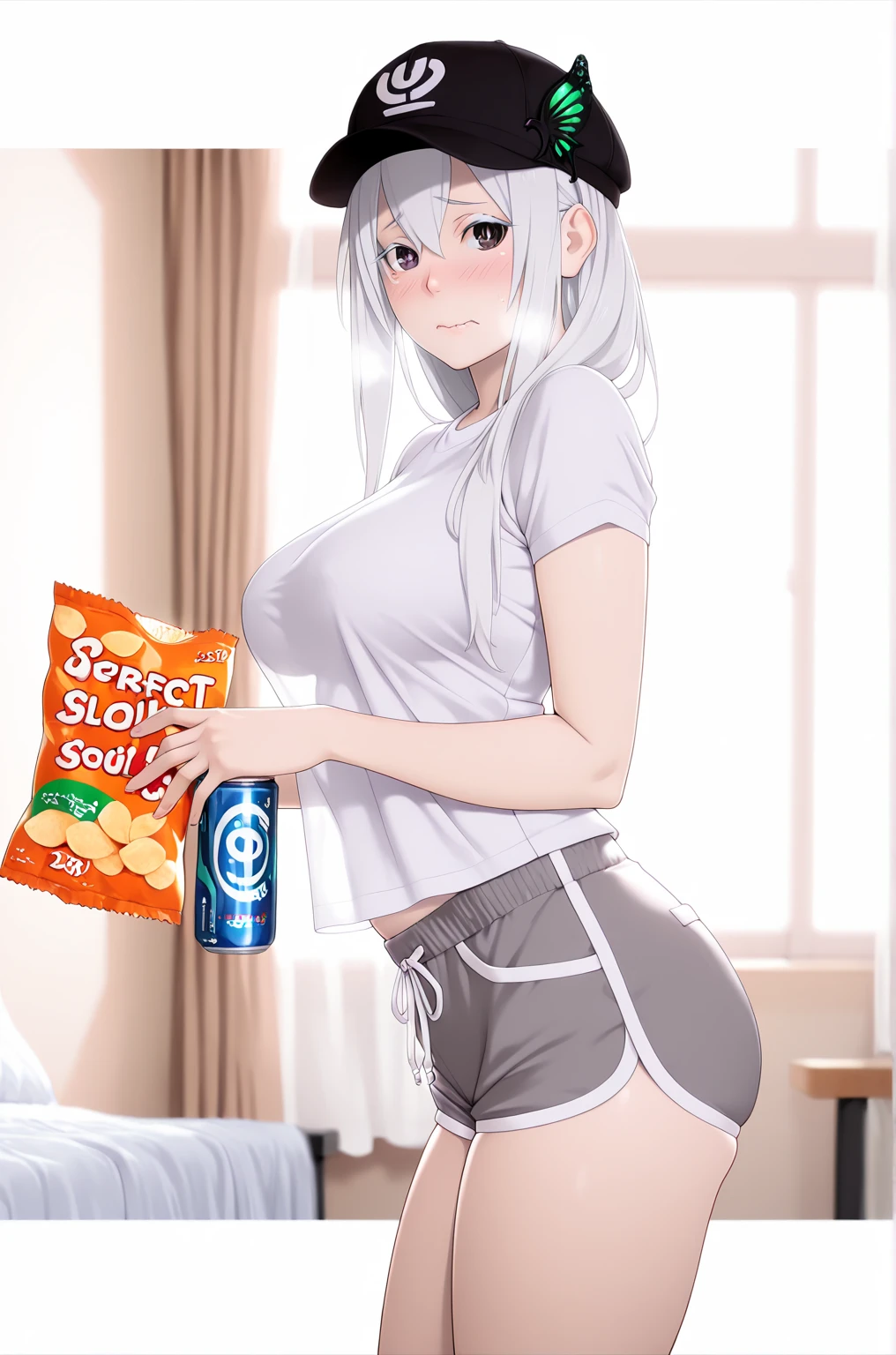 L_Cation2, (zonda_(solid_air)-style:1.2), (luxu-style), anime coloring, ((Cinematic, unreal engine, eye-catching, ambient occlusion, UHD, masterpiece)), ((perfect lighting, dim lighting)), comic, score_9, score_8_up, score_7_up, score_6_up, score_5_up, score_4_up, uncensored, detailed background, vignetting, high quality, absurdres, best quality, very aesthetic, newest, digital art, trending on ArtStation, ((anatomical correct)), perfect body, perfect eyes, perfect fingers, gasping, heavy breathing, gasping profusely, ((skindentation)), ((curvy)), echidna, mature female, pale skin, long hair, white hair, butterfly hair ornament, hair between eyes, bangs, white eyelashes, medium breasts, plump, 1girl, shorts, dolphin_shorts, solo, can, shirt, looking_at_viewer, white_shirt, holding, short_sleeves, blurry_background, food, blurry, short_shorts, grey_shorts, breasts, indoors, holding_can, cowboy_shot, snack, from_side, chips_(food), standing, t-shirt, ((embarrassed)), blushes, blush face, wavy mouth,