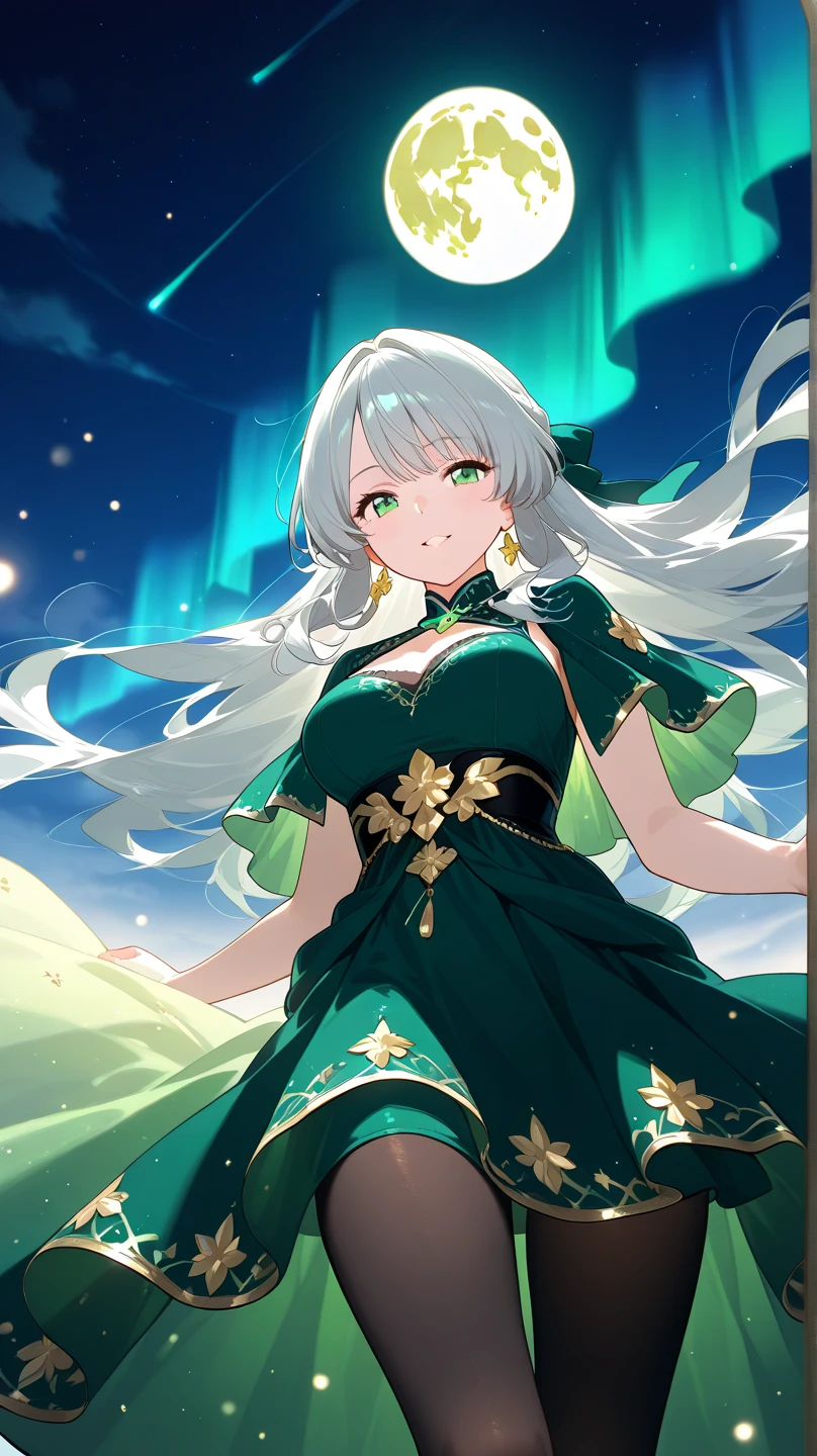 The painting depicts a woman with a fantastic, dreamy allure.
With striking emerald green eyes and long wavy silver hair, she stands in the light of a full moon in the night sky.
In the background, twinkling stars and a soft haze spread out, and a faint aurora adorns the sky.
Her dress is made of thin, translucent material and decorated with fine gold embroidery.
Her pose is graceful and confident, with a strong gaze that draws the viewer in.
The entire scene utilizes cinematic cinematic lighting and shading, and is meticulously detailed.