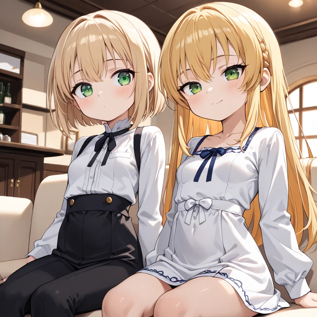 loli，whaite hair，SideBraid，Golden eyes，white dresses，The two hugged each other and buried their heads in their arms，puss，modern，Striped knee-length socks