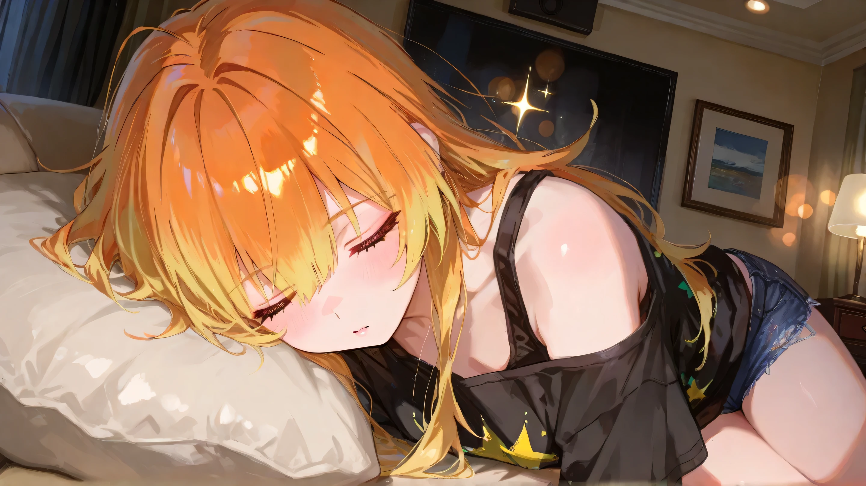 1 girl, sparkle_( Collapse_star_rail), off shoulder shirt, hot pants, Living Room, detailed eyes, high quality, masterpiece, 4K, 8k, high definition, super detailed, high definition, 超high definition, studio lighting, ultra-fine painting, sharp concentration, extremely detailed description, professional, Vivid Colors, Bokeh, anime style that is close to the face and chest,source anime, long hair, Loose hair, Asahi, movie, masterpiece, 最high quality, high image quality, newest, blanking, Sleep