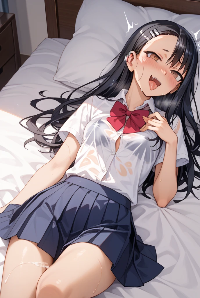 Tabletop, highest quality, wallpaper, Super detailed, Absurd beauty,junior high school student、evening、Backlight、bionde、Long Hair、Wavy Hair,single hair bun、standard weight、Large 、(school uniform、open clothes):1.1,(sexual ,nose baliva,closed eyes):1.1、(1man and 1girl are having sex on bed)1.2、man top、bird’s-eye view、Bare your breasts、Exposing the bNipples、pussy big penk knee-hks