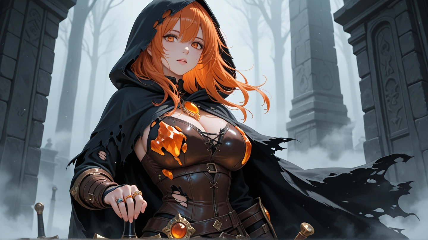 1girl, , staff, necklace, veil, hood, jewelry, cleavage, solo, gloves, holding staff, covered eyes, black gloves, holding, long hair, twintails, , dress, hood up, hooded cloak, closed mouth, upper body, black dress, facing viewer, cloak, see-through, low twintails, orange hair, cape, indoors, , brown hair, blonde hair, hair over shoulder, fire, black hoo  <lora:vmix2-p:1> vmix