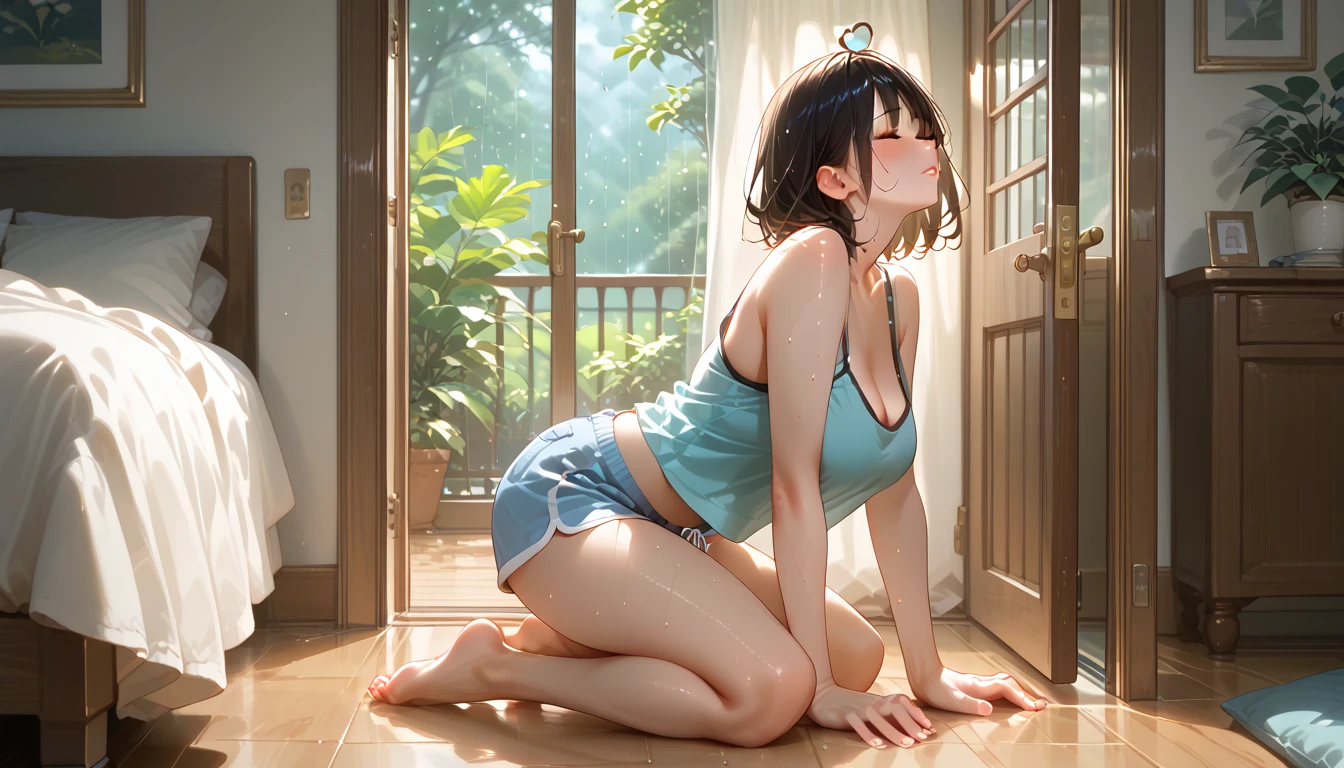 Top Quality, Masterpiece, Ultra High Resolution, (Photorealistic: 1.4), Raw Photo, 1 Girl, Light Brown Hair, Bob Hair, Glossy Skin, WET BODY, Dramatic Lighting, Full Body,, Blue Bra, Blue T-Back, Small, 19 Year Old Woman, Masterpiece, Slouching Pose, celestial dragon