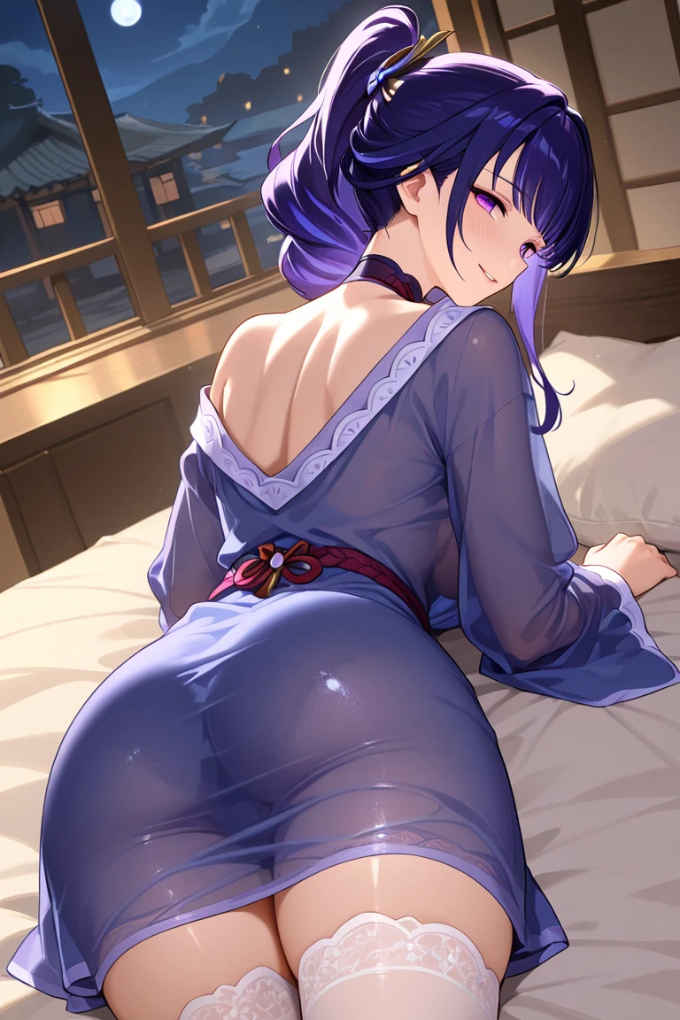 Raiden Shogun, purple hair, hair ornament, wide hips, sexy, big breasts, bedroom, masterpiece, high quality, highres, Short skirt, spread pussy, spread legs