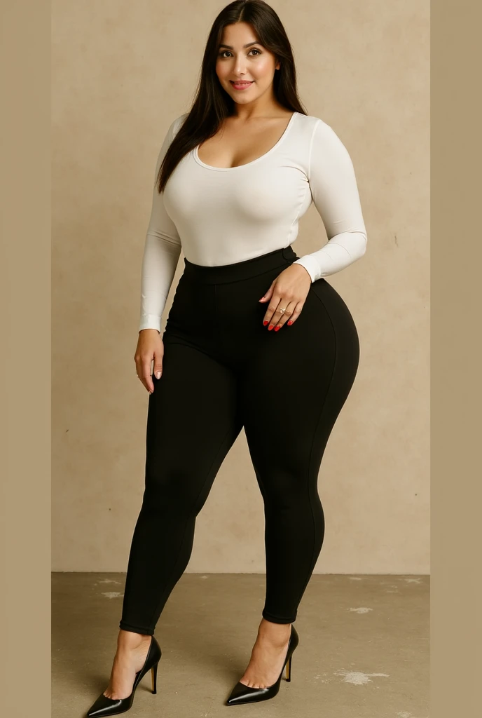 Overweight huge woman in high waist trousers, tight leggings and belt 