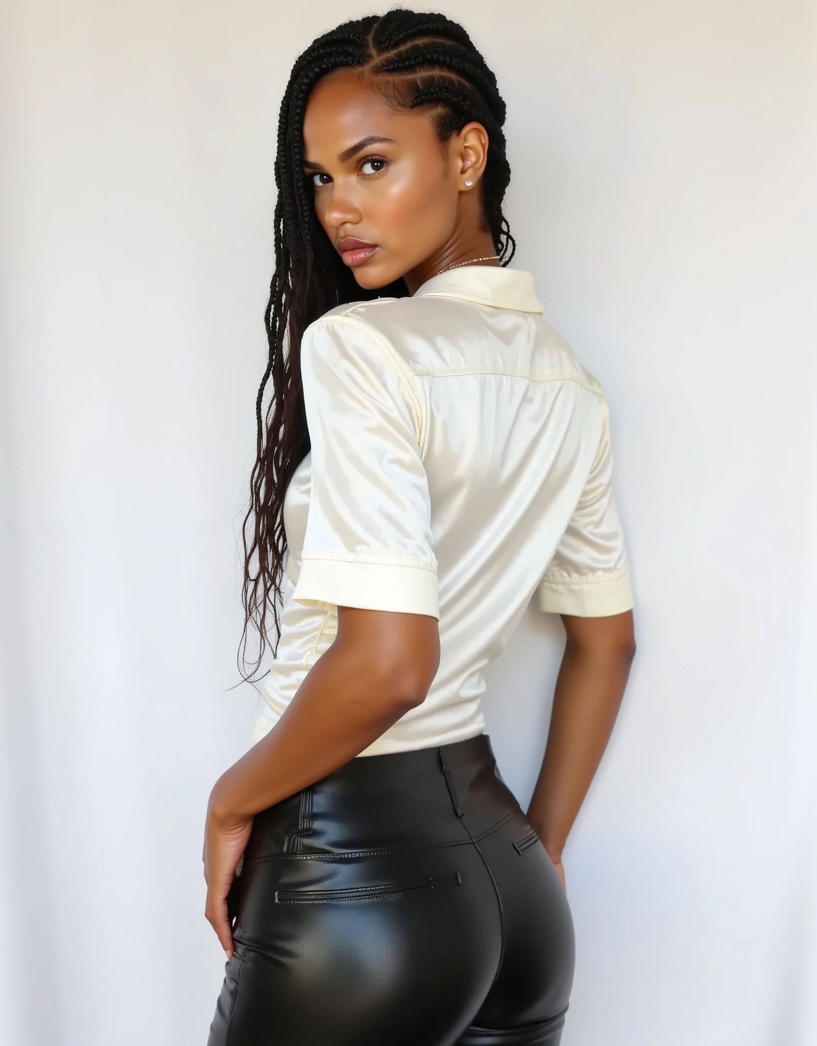 Black woman wearing leather shorts and black and white striped shirt bending over 