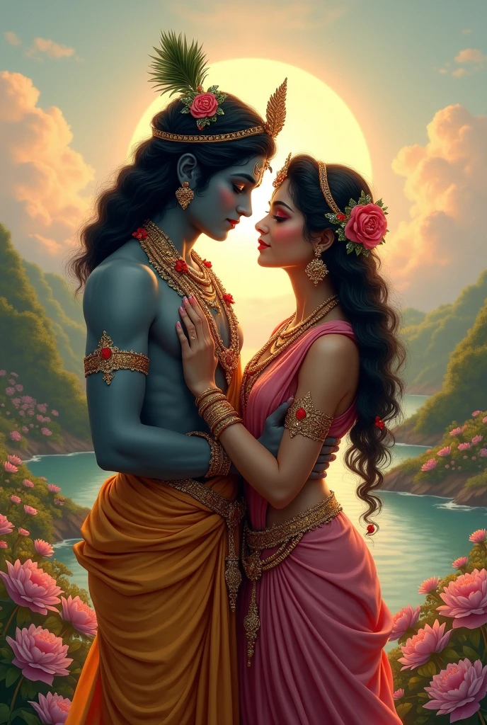 Shivji is giving a rose to Parvatiji in his hand