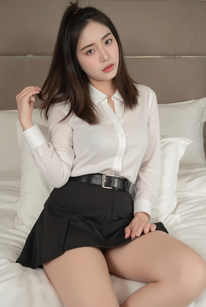 ulzzang-6500-v1.1, (RAW Photos:1.2), (Photorealistic), (Genuine:1.4), 1girl、Perfect Anatomy、20 years old、Looking at the camera、Medium Long Hair、T-shirt, red skirt, (( in the bedroom :1.1))、(Ultra-realistic pantyhose:1.3), (Business services)、Asian Eyes Ella,