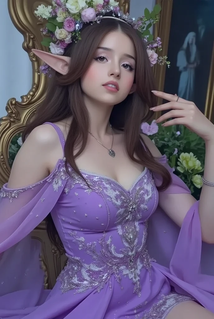 A female elf,Wearing a purple silk dress,Wearing purple gemstones on the chest。Long purple hair and pupils,Pink patterned nails and pink lips,Exquisite oval face。
she is very soft,Plump women exude mature charm。