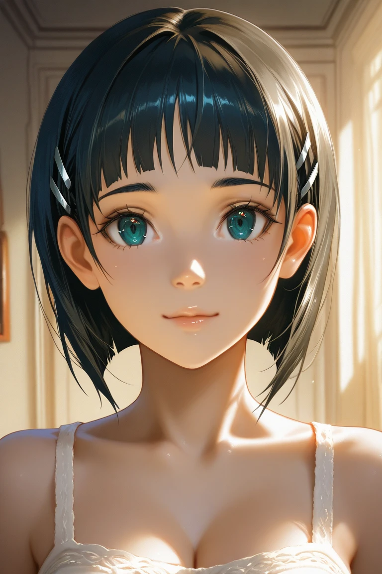 masterpiece, highest quality, One Girl, Thighs, beautiful girl, Flowers, たくさんの小さなflowerびら, flower、Small waist, RAWphotograph,Bright lighting、Face Light, Ultra-realistic, High resolution, photograph, Sharp focus, Highly detailed eyes and face,Symmetrical face, whole body、Large Breasts、Long Hair、チラリと見えるThighs、Cleavage、Red Micro andals、White lace shirt、Sleeveless、Her hair was tied with a big red ribbon、White high heels、After bath、Public bath