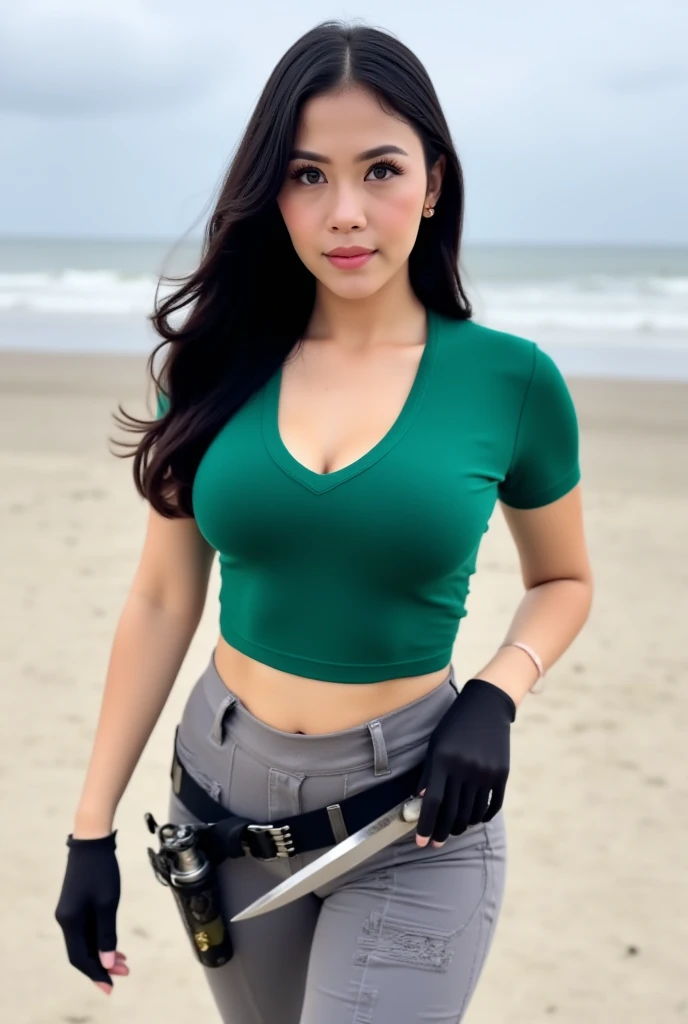 HD PIC, ULTRA REALISTIC, REAL PIC, 8K 
 real pic, HD pic, 8k 
 Asian woman, 36 years old, curve body,long black hair, wearing a white t-shirt, green cargo pants, boots, smiling expression, standing in front of a red jeep, jungle background, humid
 HD pic, ultra realistic, 8k, very realistic