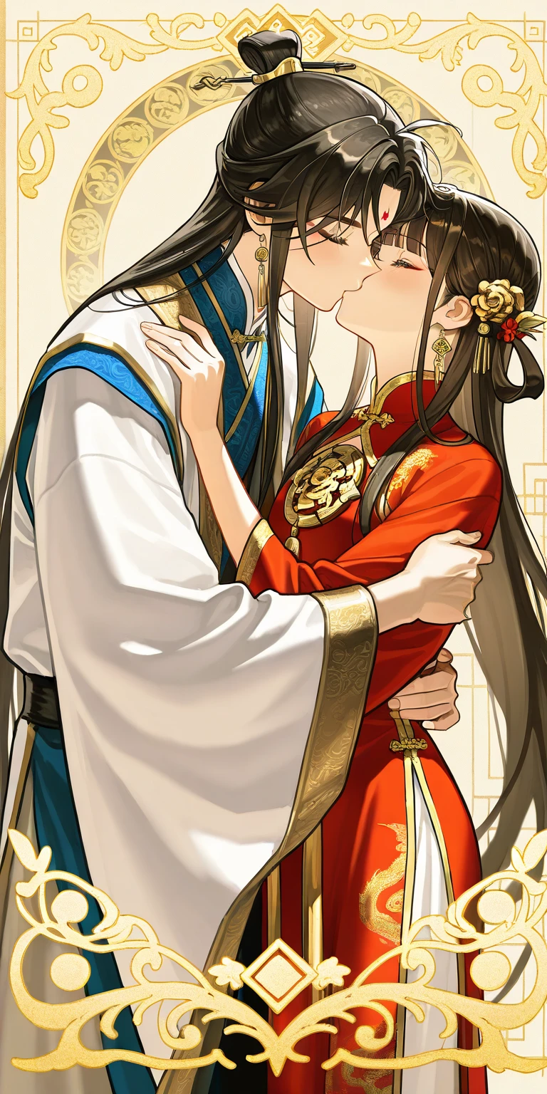 . The picture shows people kissing each other, The young king of the Qing dynasty is 20 years old, Manchu hair., He is wearing a yellow Qing dynasty Hongte dress adorned with spectacular gold ornaments. The young king is kissing a Manchu woman., love, very high resolution image, The background is an ancient Chinese-style room.