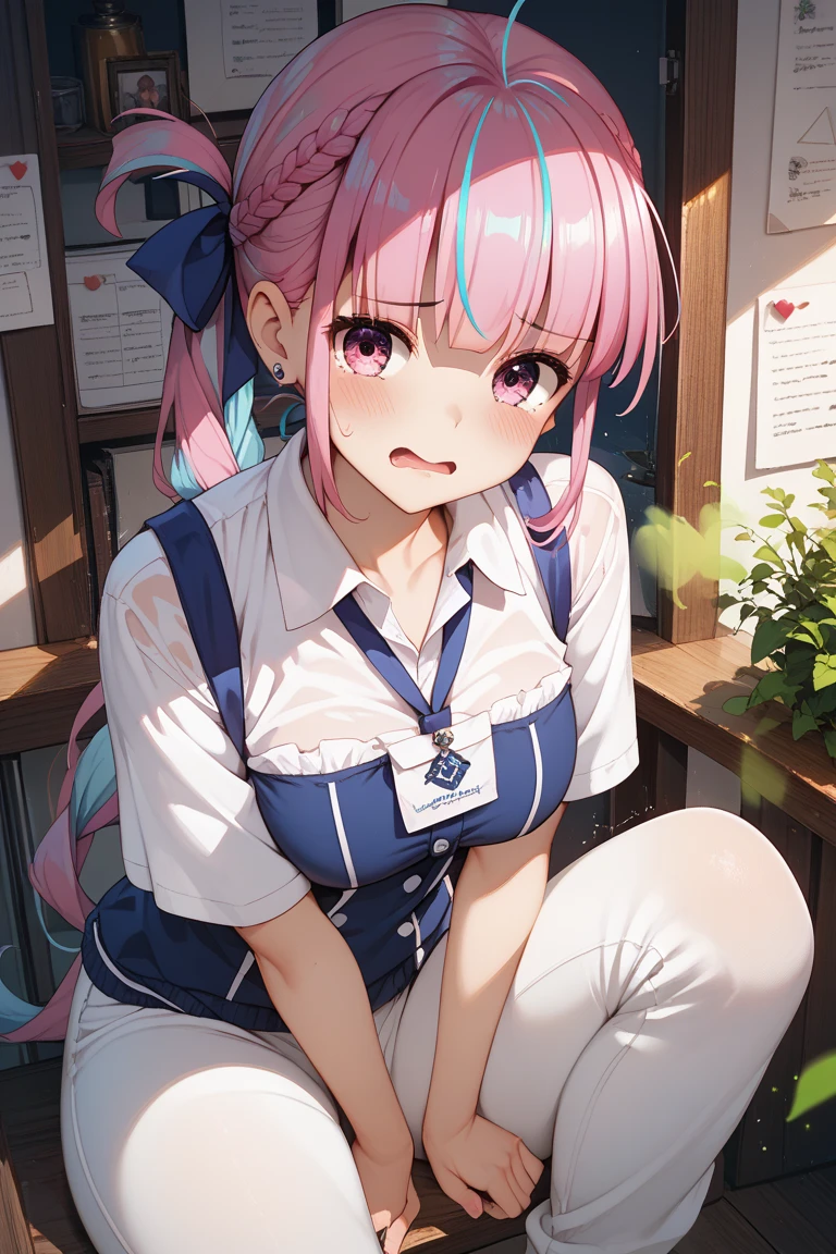 From above, (Close ~ eyes:1.2) One Girl, blush, sit, nsfw,beautiful girl,Light blue skirt, Anime move,Two Side Up、(Gloss Lip)、Thick lips,Kissing Face