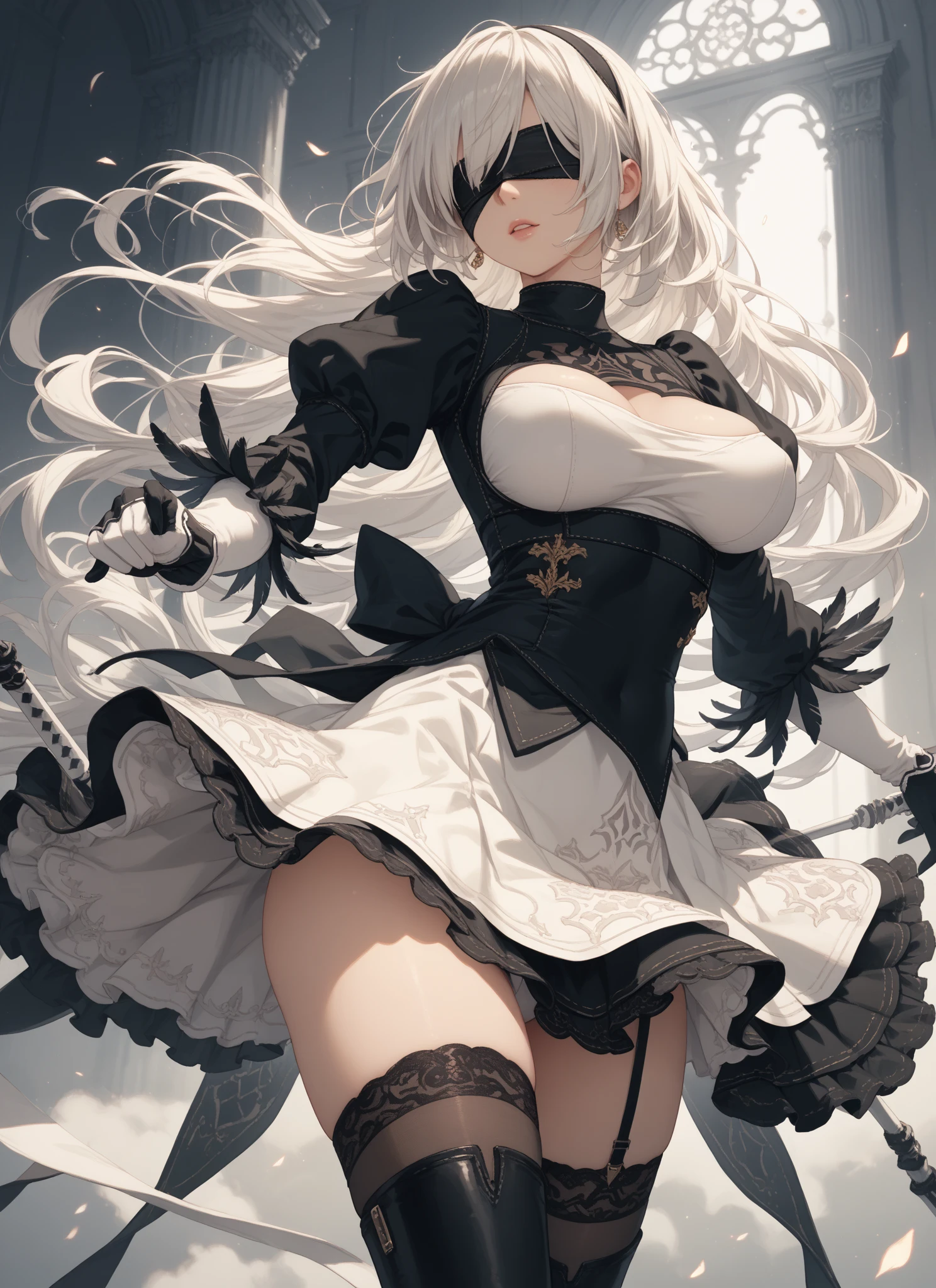 Highest Quality, masterpiece, beautifully detailed eyes, large breasts, dar skin, standing, makeup, glossy lips, collarbone, forest, curly white hair, strapless corset, (fishnet stockings), full lips, collar, frills, wizard staff