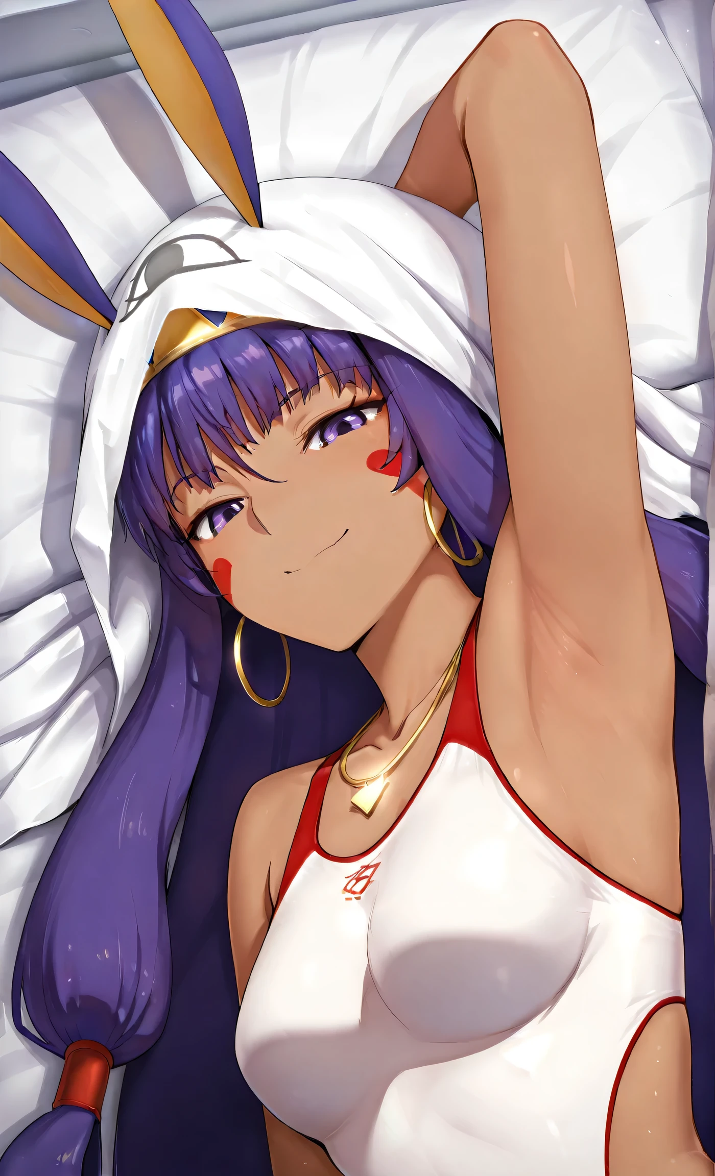 masterpiece, best quality, amazing quality, anime screencap, anime coloring, 1girl, nitocris summer, Unique Swimsuit, fate_go_style, blanket over head, arm up, raised arm, armpit, armpit focus, head towards viewer, looking at viewer, smile, smug, half-closed eyes, closed mouth, (light source in front:1.1), lying in bed, lying on side, from above