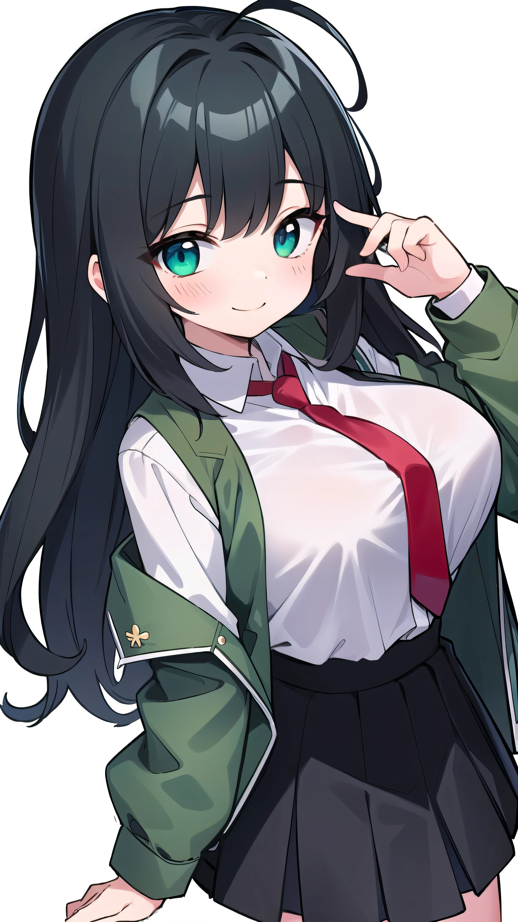 Junior high school student who looks like an elementary school student, , very short, 140 cm tall, black hair with a slight green tinge, short ahoge, beautiful long hair but with a little hair sticking out, beautiful round eyes, blue eyes, smile, boyish, long sleeves, Thick clothes, skirt, big breasts, hair longer than waist, long hair, childish face, gentle smile, a little shy, black skirt, black hair with a slight green tinge, boyish, gentle smile, jacket one size larger, ( Deep greenish black hair: 1.3), dark green jacket, white shirt, (red tie:1.5), black skirt