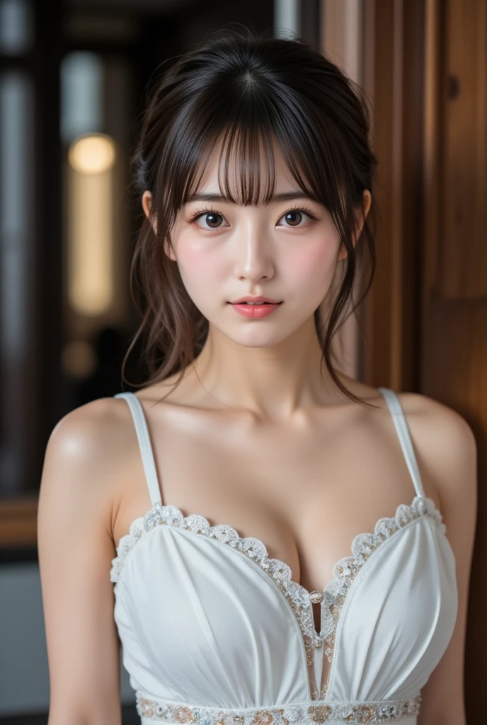 masutepiece, Best Quality, Illustration, Ultra-detailed, finely detail, hight resolution, 8K Wallpaper, Perfect dynamic composition, Beautiful detailed eyes, doress, short Hair, mid-chest, Natural Color Lip, Random and sexy poses,Smile, Blurred white studio background、20 years girl、Colossal 、Too much exposure、No shoulder dress（black）、Exposing the chest、Slid、I keep my hair tied up