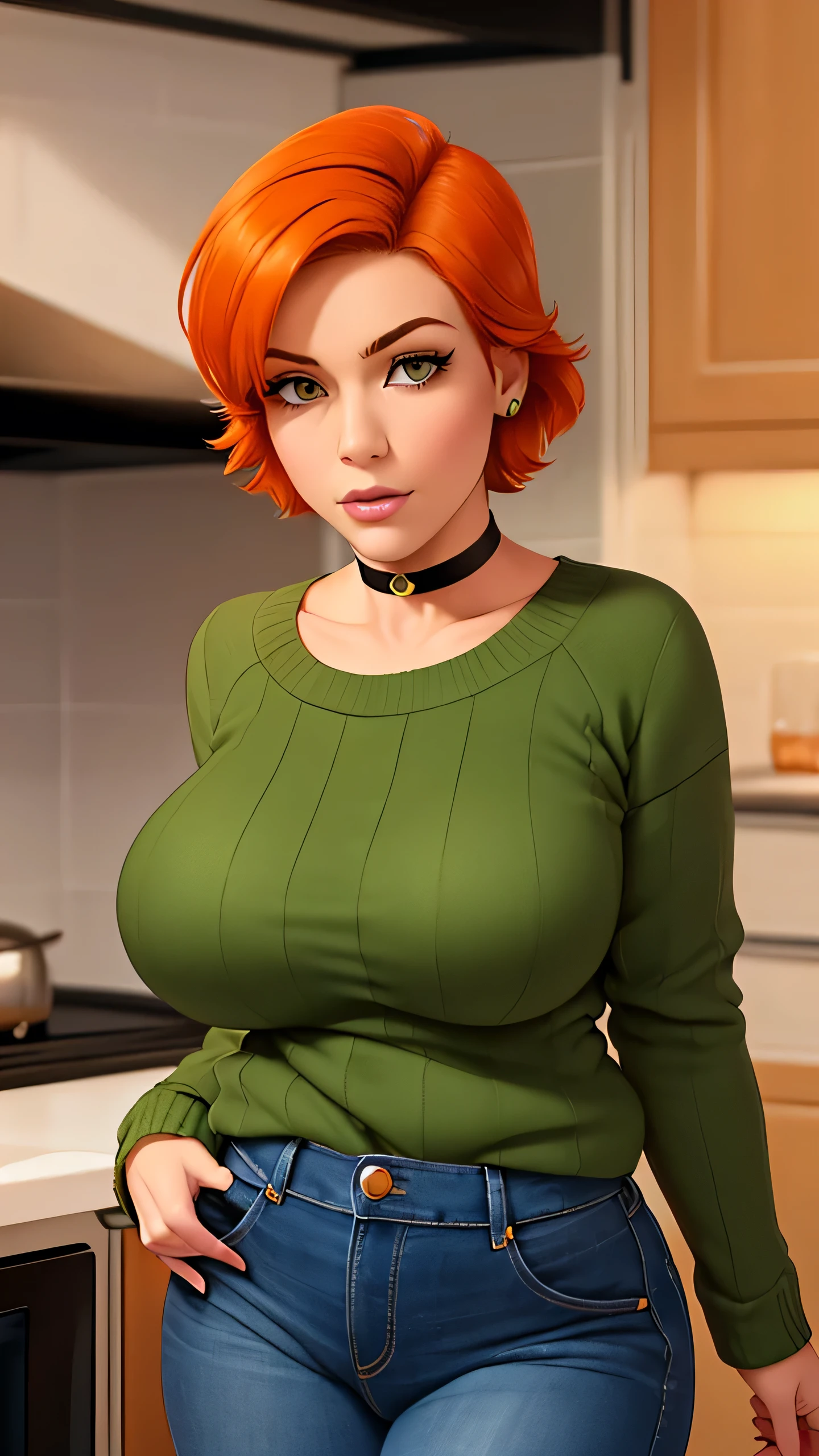 Anastasia, (Anastasia:1.5), masterpiece cartoon, (masterpiece cartoon:1.3), detailed, realistic, (realistic:1.3), 1girl, solo, (solo:1.9), 30 years old, in a home kitchen, (in a home kitchen:1.5), orange hair, (orange hair:1.5), short hair, (short hair:1.5), wearing choker collar, (wearing choker collar:1.5), wearing green sweater, (wearing green sweater:1.5), wearing blue jeans, (wearing blue jeans:1.5), thin body, big breasts, (big breasts:1.2),