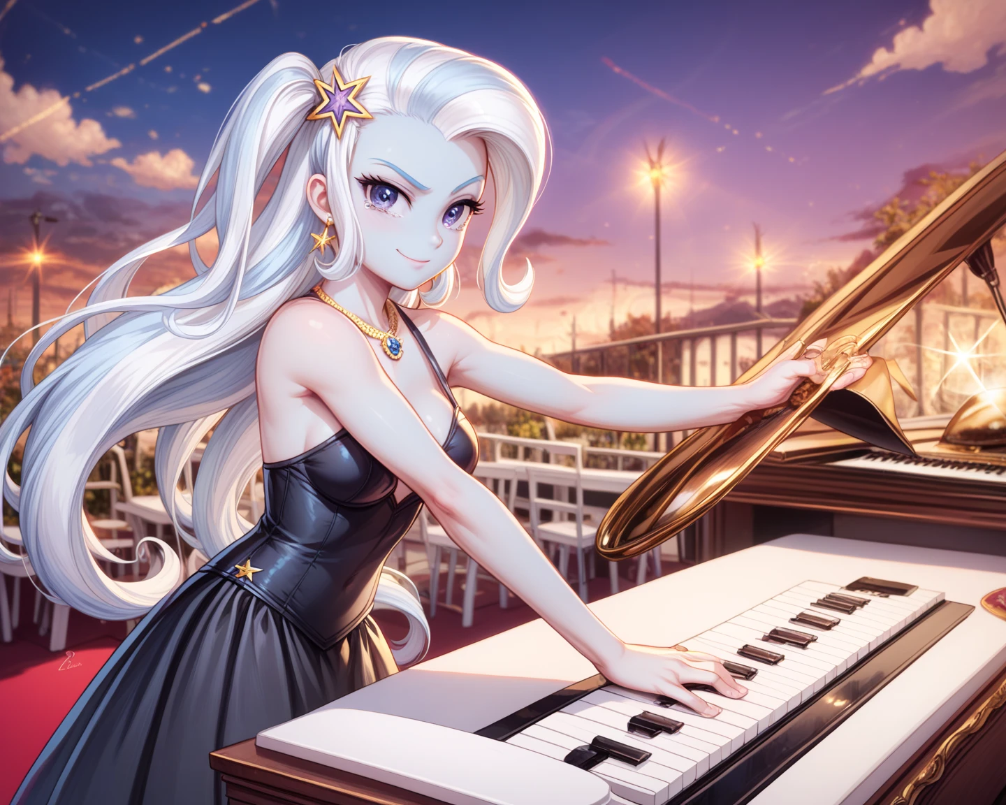Xyphoidia - a hybrid of a human and a musical instrument, personifying music and sound. Her body is an amazing combination of human features and piano elements. She's got a long, Graceful fingers, covered with keys. Xyphoidia&#39;s hair resembles the strings of an instrument, shimmering with multi-colored shades of musical notes.her eyes are green-blue. Xiphoidia is dressed in a dress made of thin fabric, which looks like a staff. she moves easily and smoothly, as if performing an elegant dance to invisible music.