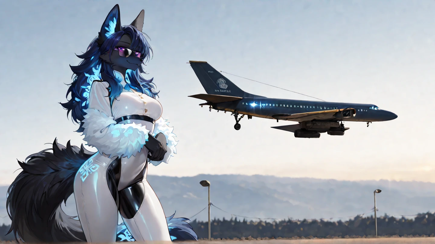 uploaded on e621, (by Wildering, by Koul, by fluff-kevlar, by aycee), solo, female wolf, wolf ears, neck tuft, hip tuft, leg tuft, wolf tail, ((black sclera, purple iris)), ((stewardess uniform)), (masterpiece), (best quality), (anthro furry:1.3, snout:1.2, anthro:1.3, furry:1.2, solo female:1.2), (hourglass figure), (wide hips), (thick thighs), ((huge breasts)), (suggestive pose), (((black stripes on body, grey fur))) BREAK ((white hair)), (airplane interior background, depth of field, ambient light on the body), (intricate:0.7), (high detail:1.3), (unreal engine:1.3), (sharp focus:1.15), (masterpiece, best quality, 4k, 2k, shaded, absurd res), ((leather collar)), (((first person view))), ((looking at viewer)), ((leaning forward)), ((down cleavage view))