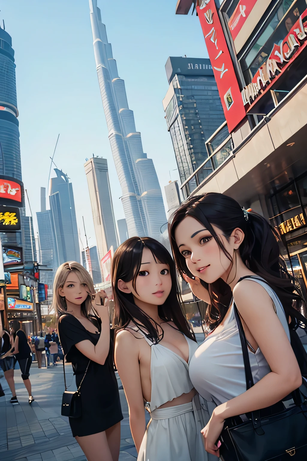 (NSFW, soft fill lighting, studio lighting, flat_chested:1.3) Hyper realistic airbrush painting of (2 nude sexy tanned Thai|Filipina female models shopping with each other in front of night club, neon lights, holding shopping bags, wearing nothing), trending on artstation, k, global illumination, (hourglass body shapes)