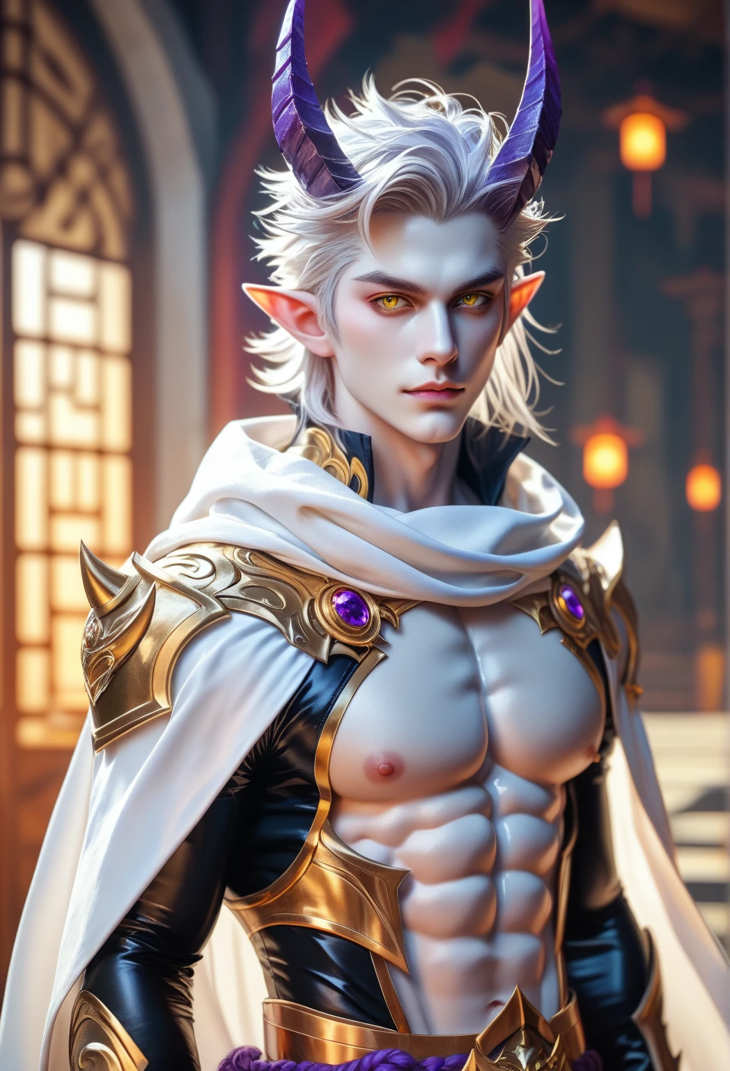 "Sublimate your imagination and create an extremely detailed male Orochimaru elf with the highest quality Unity CG in 8K, magnified by exceptional illumination and spectacular shadows. Add a touch of floating mystery to your character, accompanied by a background that evokes a mystical and magical atmosphere. (masterpiece), finest quality, ultra-precise details, (majestic black imperial cape of exceptional quality,) , crafted from fine materials, draped over a royal silhoutte, golden lights illuminate the wearer's face and the mysterious environment in which he finds himself. A detailed work of art of the highest possible quality, with incredibly high resolution for sublime rendering. (Devil Man Orochimaru:0.8) (s--2000:0.8) generate an image of a dark male elf assassin named Sylrath Nightshade. (captivating and intimidating beauty: 1.2), (pale skin: 1.1).