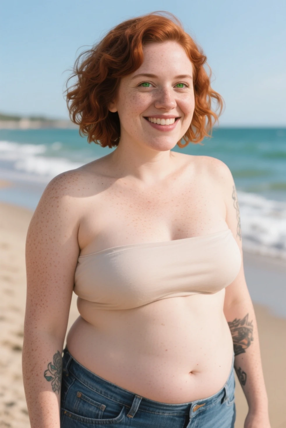 25 year old girl, full body, beach, wear white glasses, nude, red lipstick, medium , tight , body smart, white body,