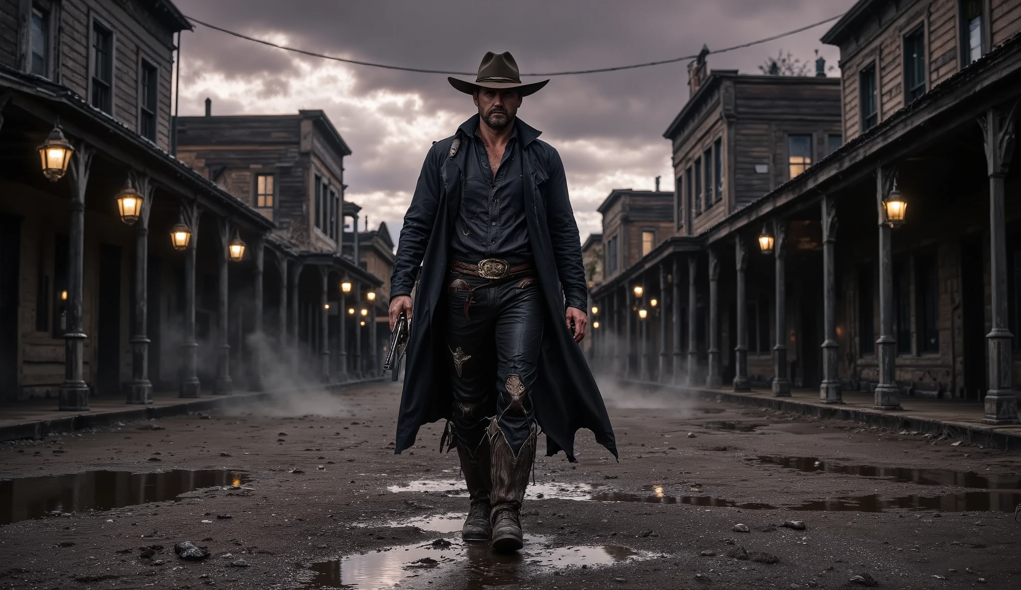 ( jack Crowley) - Hyper-realistic cinematic wide shot captured in 16:9 aspect ratio: a solitary cowboy walks slowly down the center of a deserted, mud-soaked street in a crumbling, forgotten Old West town at dusk. The cold air hangs heavy with mist and the lingering threat of rain. The camera frames him from a low front-facing angle, emphasizing the gritty determination in his slow, deliberate steps. In one hand, he loosely grips a weathered pistol, its metal surface tarnished and catching the faintest glint of dying light.
The sky above is an endless expanse of thick, dark storm clouds, painted in bruised shades of deep purple and ashen gray. Dim, uneven lanterns flicker weakly from crooked wooden buildings, their light struggling against the creeping darkness. The ground is churned and uneven, with puddles of murky water reflecting the distorted, ghostly outlines of the surrounding town.
Photorealistic textures capture every painstaking detail: the cracked, mud-caked boots of the cowboy, the frayed edges of his dust-smeared duster coat fluttering slightly in the chill wind, the battered wooden facades of abandoned saloons and general stores leaning precariously inward as if suffocating under the weight of time.
A shallow depth of field keeps the cowboy razor-sharp in focus, while the rest of the town, heavy with silence and decay, fades into a soft, melancholic blur. The tone is grim, cold, and loaded with tension — a haunting portrait of isolation, confrontation, and the harsh desolation of the frontier.
Captured with a vintage 35mm film camera, featuring soft organic film grain, naturalistic lighting with deep shadow pockets, muted color grading dominated by muddy browns, cold grays, and faded indigos, and a brooding cinematic composition that feels like the lead-in to an inevitable, tragic showdown.