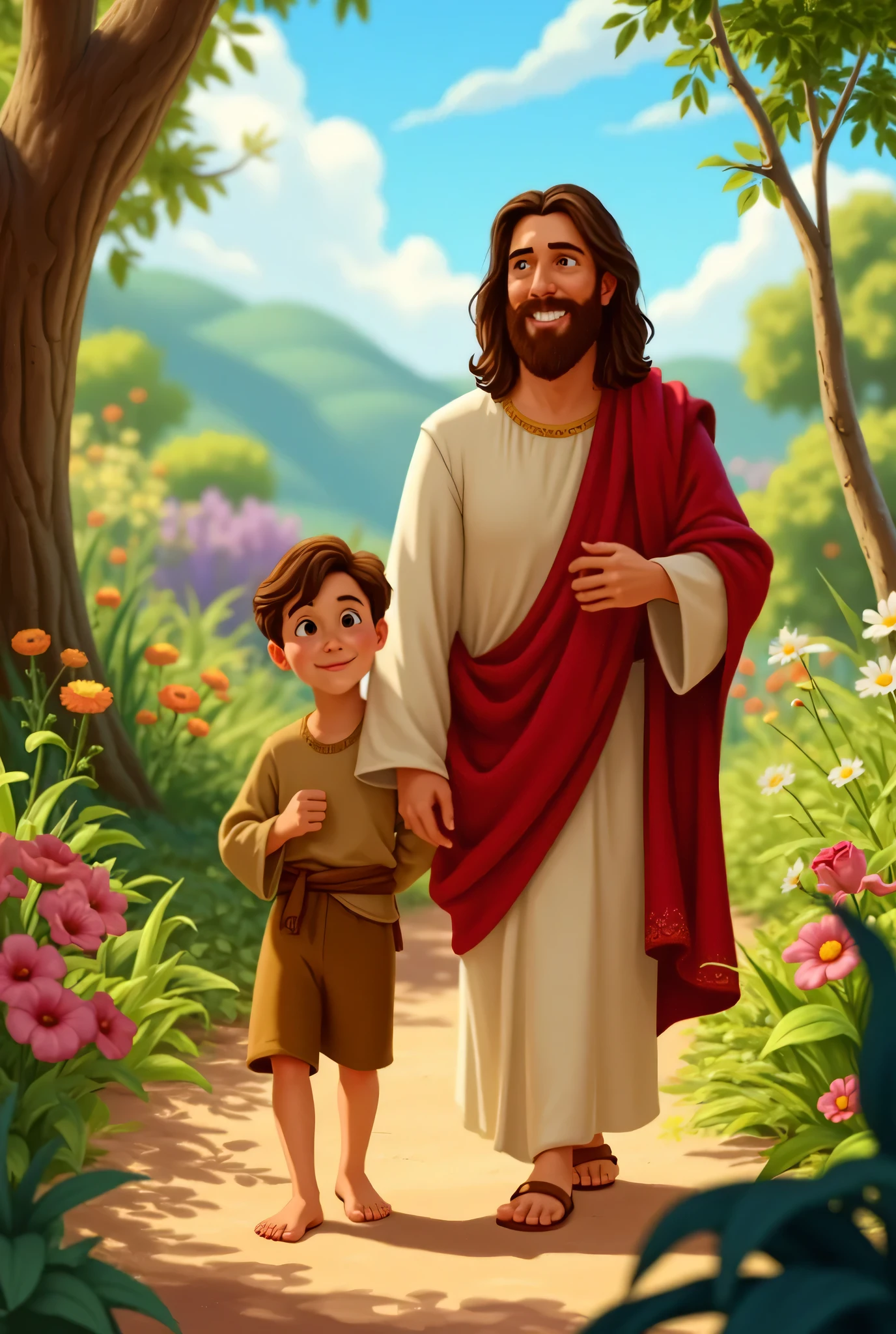 Jesus Christ is walking a path with a boy , in front of the camera,  garden landscape , at the time when Jesus Christ performed miracles in Israel, Full scene , realistic Disney Pixar cartoon style , focus on the boy&#39;s face.