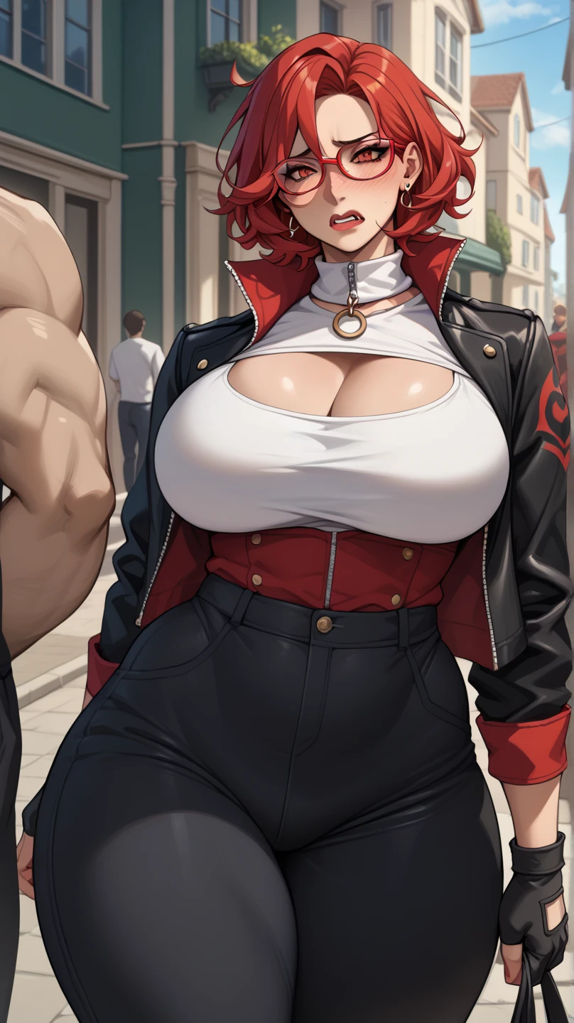 fashionable,red.Long colored hair, Soft expression, cleveage,(Huge breasts、Cleavage, cleveage、、Thick thighs)), Perfect body、 , skirt, Streetwear, on the street, Cowboy shooting