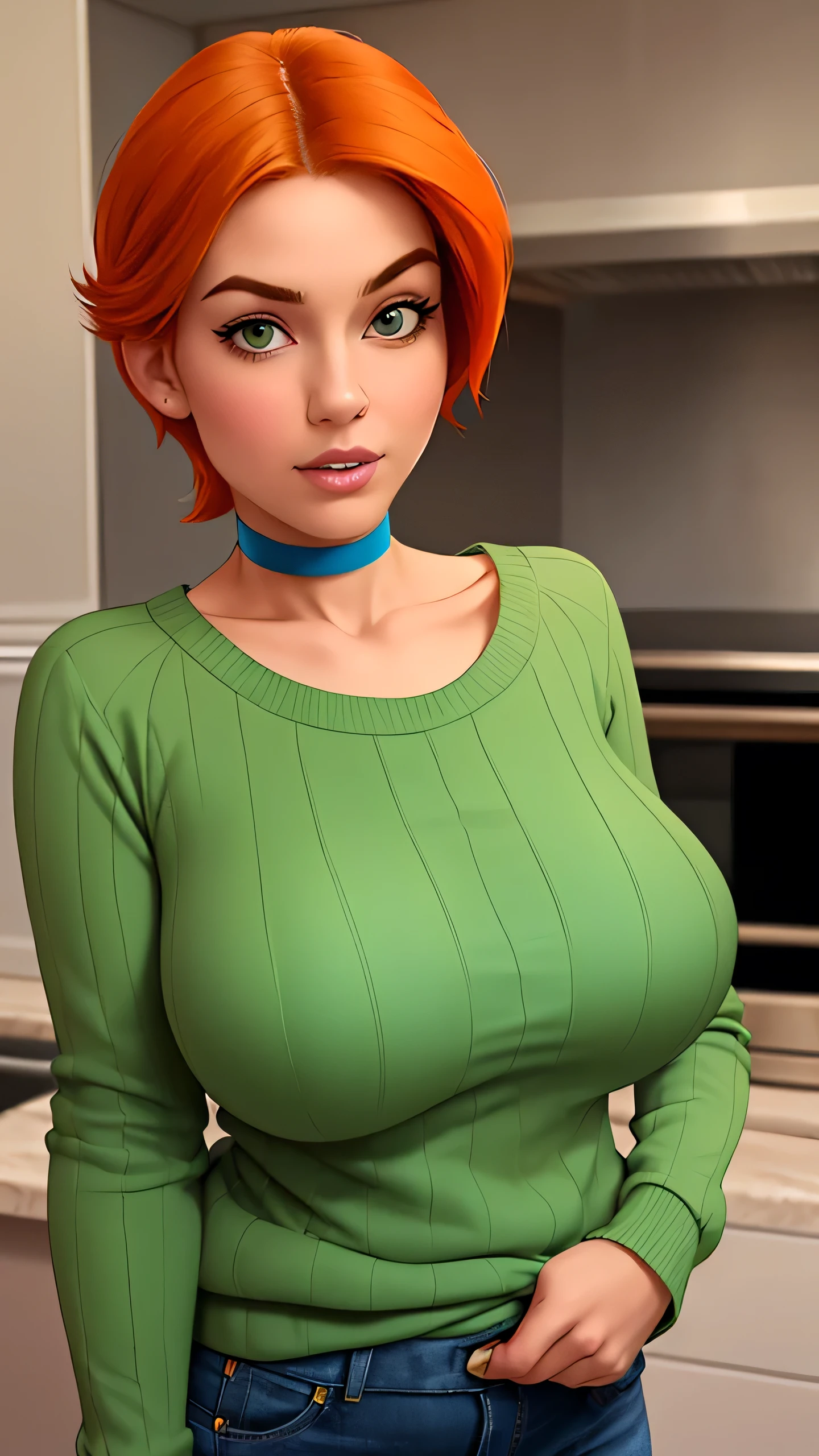 1girl,solo,(mcmom),huge breasts,grey shirt,sitting,black eyes,restaurant,smile,blush,table,(best quality,4k,8k,highres,masterpiece:1.2),ultra-detailed,(realistic,photorealistic,photo-realistic:1.37),hyperrealistic,detailed facial features,intricate details,highly detailed,cinematic lighting,warm color palette,soft focus,volumetric lighting,photographic