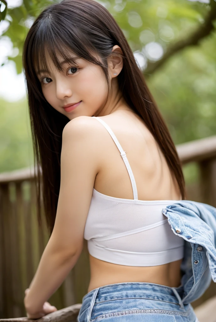 8k,Japanese,10 years old,Innocent face,Teenage Girl,cute,No clothes,mini skirt、Her skirt is rolled up、My pants are showing、Exposed thighs、Her belly button is visible、Bra Top、Casual wear,Sitting,Black Hair,garden,Hair Clip,