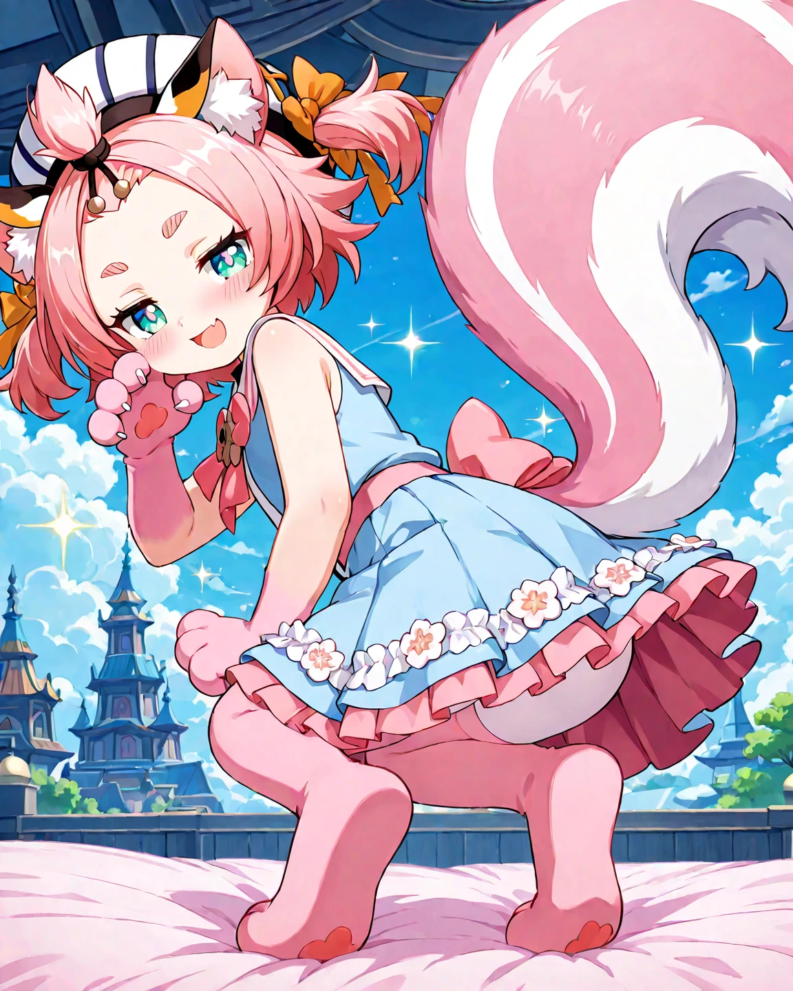 rating_safe, score_9, score_8_up, score_7_up, score_6_up, score_5_up, score_4_up, hires, source_furry,  spring outfit, colorful hair, outdoor, magazine cover, dancing, furry girl(rabbit Facial Features, rabbit Body Features)jumping, flowing colorful ribbon, Flying sweat, serious expression, joyful smile,