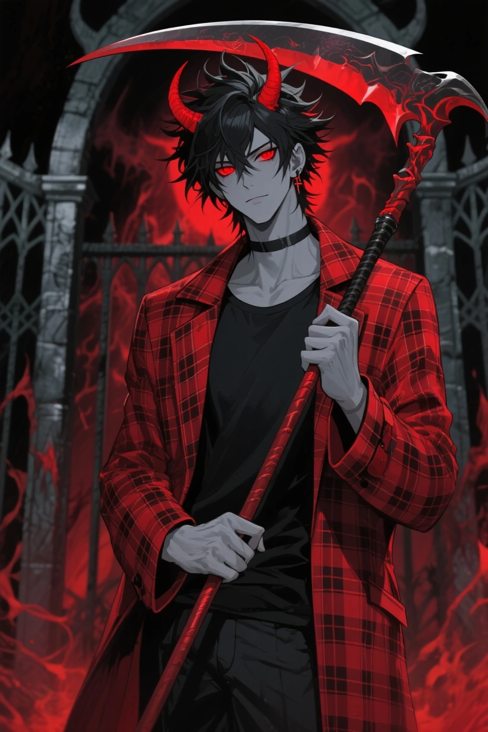  dark aura, hell, male, red eyes, Bats, blood, black dark red hair, chain, spikes, experienced, Tattoo, long parted bang