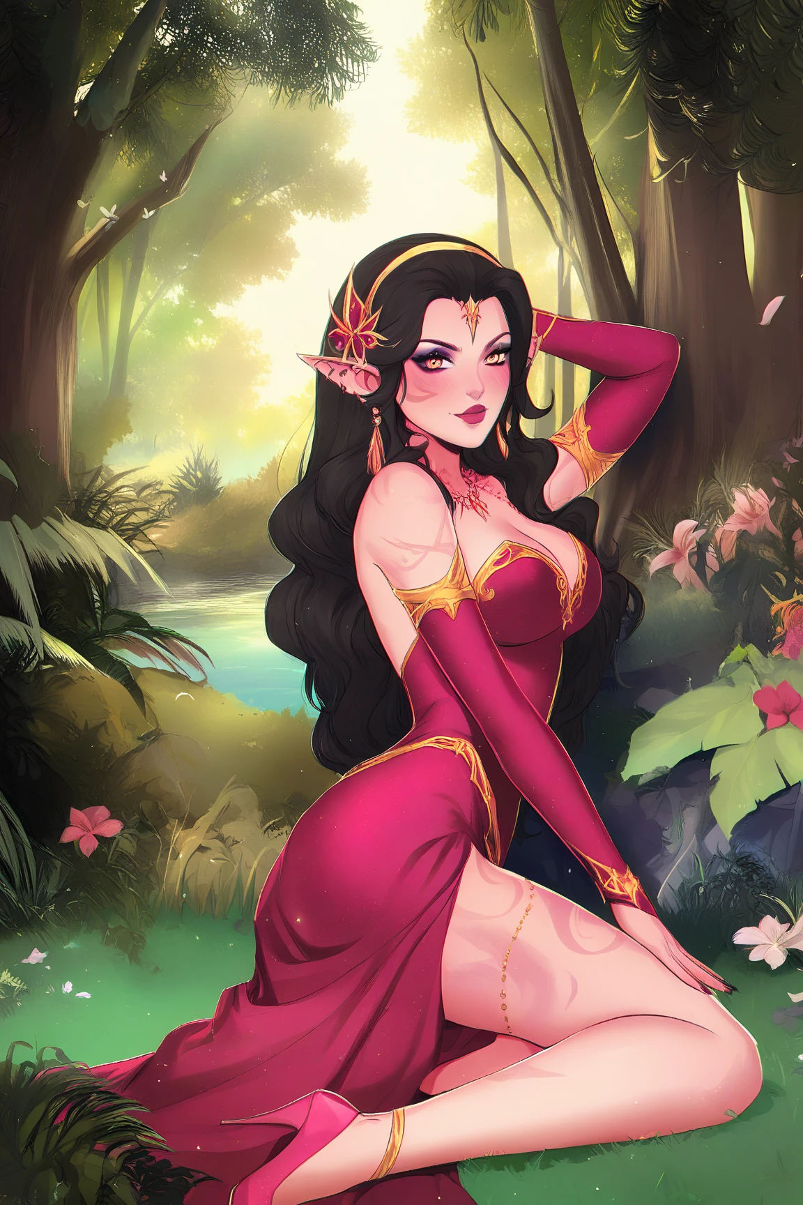(best quality, alto), dragon girl in a long dress, sedutor e maduro. Ela tem um olhar cativante e lindos olhos detalhados. Her lips are also detailed and attractive. Dragon scales cover your body, brilhando com uma cor vibrante. Seus longos cabelos fluem graciosamente, increasing your charming appearance. O vestido elegante e fluido, acentuando suas curvas. O fundo definido em uma longa trilha, Surrounded by lush greenery and flowers. Lighting highlights your features, creating a dramatic and striking atmosphere. rainha , rainha sexy , imagem mais proxima