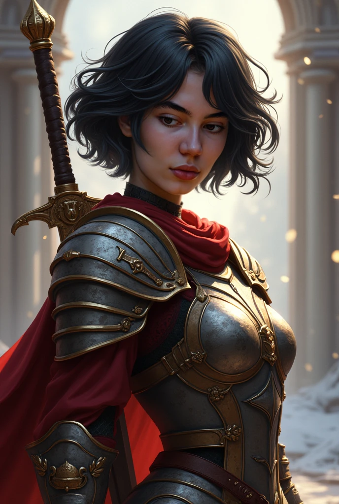 Short cropped hair, a 50-year-old woman in the 17-century Female battle scared warrior leader of the order of the scarlet rose, guilty conscious expression facial expression. Black hair. Female.