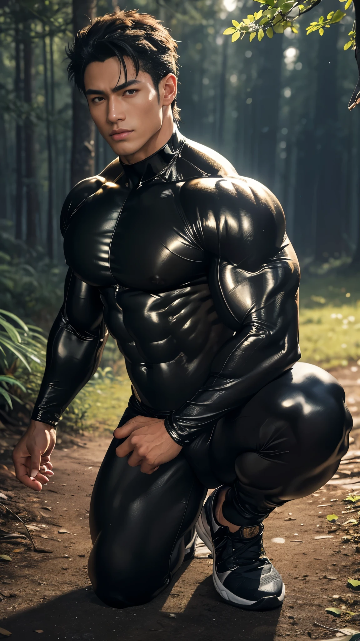 (Ultra realistic, intricate details, photorealistic, 8K HD, bright lightings),high saturation,rich contrast,Detailed realistic, a handsome anime japanese muscular young boy captured from head to shoes, light skinned,powerful and intimidating, bodybuilder, godly presence, young god|tarzan, ager face, beautiful, smooth dark brown hair, detailed eyes, smirking, confident, big muscles, wearing shiny tight black spandex long sleeve compression gymshirt,wearing tight and shiny black spandex gym leggings, perfect hands, (realistic skin, tanned skin), puffy nipples, outdoors,bright magical forest, fireflies,,muscular calves, wears training sneakers,
