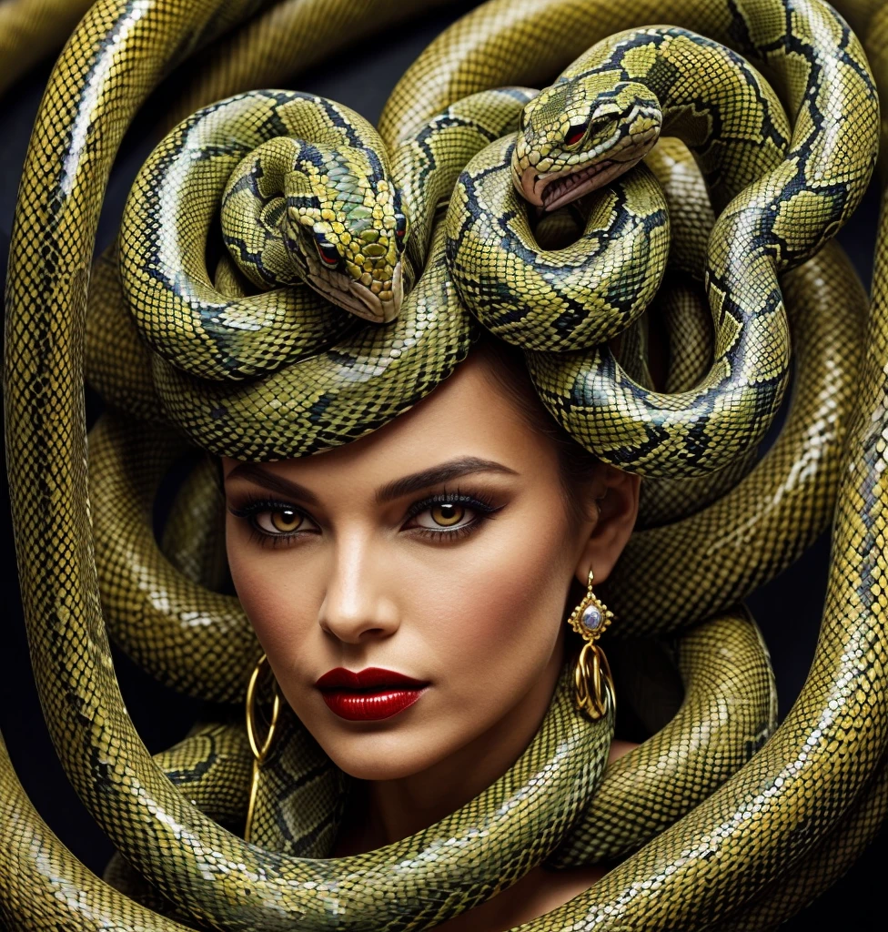A mesmerizing dark fantasy portrait of a woman with striking features. Her bright yellow, tousled hair complements her bold red lipstick, drawing attention to her captivating face. The intricate dress, formed of countless snakes that gracefully crawl around her body, showcases her unique fashion sense. Her hands stretched behind her head reveal the elaborate design of the dress, accentuating her bold style. The enchanting background of soft, warm yellow hues contrasts with her dark and mysterious aura, creating a captivating and unforgettable image.