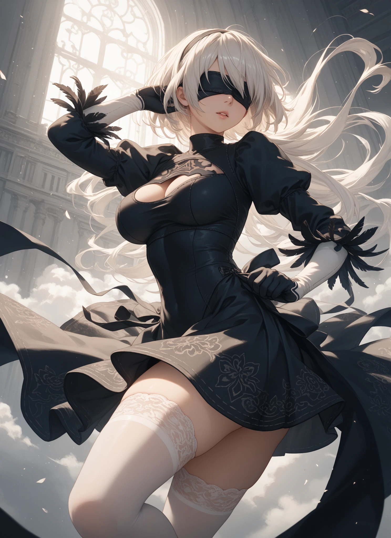 masterpiece, best quality, very aesthetic, absurdres, floating hair, floating clothes, Epic and grandiose scenes,,2b_(nier:automata), nier:automata, nier_(series), 1girl, ass, black_blindfold, black_dress, black_hairband, blindfold, boots, covered_eyes, dress, feather-trimmed_sleeves, feather_trim, gloves, hairband, juliet_sleeves, leotard, long_sleeves, puffy_sleeves, short_hair, thighhighs, thighhighs_under_boots, thong_leotard, white_hair, white_leotard,in park