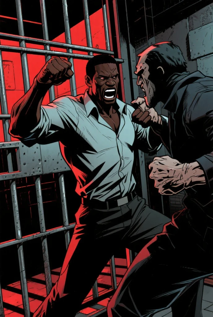 An African-American man defends a Latino man from a white man in jail in a comic-style drawing. They all wear prisoner uniforms. 