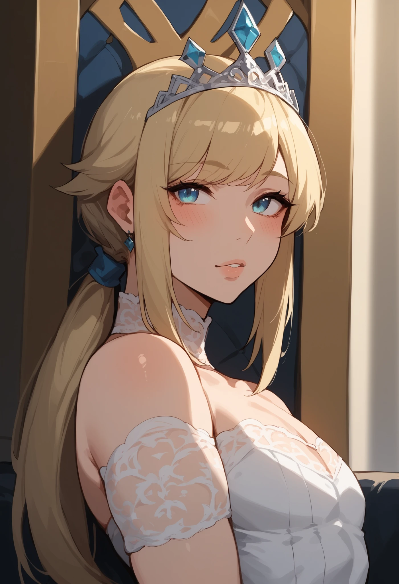 score_9, score_8_up, (candydoII boy with milfy sculpted body), puffy thicc man-chest:1.2, puffy chest, solo sugar femboy w/ mature body, (anime mature femboy with pale-blonde shoulder-length hair with swept bangs), (mommy style loose low ponytail over-shoulder), (chests tiny dot mark), masterpiece, best quality, (taken from dynamic masterful angles), anime moe artstyle, well-toned waifu, (mature extremelybeautifulfemboy with lean perfection abdomen:1.5), in royalty throne hall on matter of state with older ugly fat ojiisan council men, (ample littIe femboys natural smaII puffy thicc man-chest), Curvy body, (thick fleshy arms), oh my god that arms are so sexy!!, Hd eyes, BREAK, Half body photograph of a cute and attractive erotic femboy in a secluded indoor kingly royal throne hall ::3 throne hall royal party, form - fitting sleeveless bare-shoulder strapless Bodycon nightclubing party mini bodycon with cleavage that accentuates his perfect body ::2, bodyconian, lace collar, strapless, bareshoulder sleeveless, prince crown-tiara, silky white lace glove, femboys arms on hips, Photograph captured using a Canon 6D Mark II with an 85mm lens at f/ 4 and ISO 100 ::3 Glamour shot, award - winning photograph, sharp focus, dynamic lighting ::1, dynamic angles, from side, dynamic angles cowboy shot,