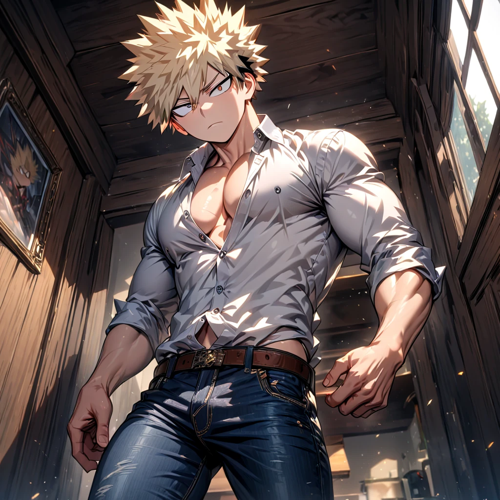 (Best quality, high-res, vivid colors), Bakugou Katsuki standing powerfully, his well-defined V-cut abs and muscular body, (((flaccid penis and scrotum  ))) ((looking at viewer)) ((white open shirt)) glistening with sweat in a luxurious bathroom, open door, opening door. His strong, intense gaze meets the viewer's eyes tenderly, conveying a sense of vulnerability and intimacy. Every inch of his body is completely exposed, showcasing his nakedness with absolute confidence. The details of his eyes and face are exquisitely rendered, capturing the intensity and determination that define his character. The lighting accentuates his chiseled physique, casting shadows that emphasize the contours of his muscles. The scene is filled with a warm, golden color palette, adding a touch of sensuality to the atmosphere.