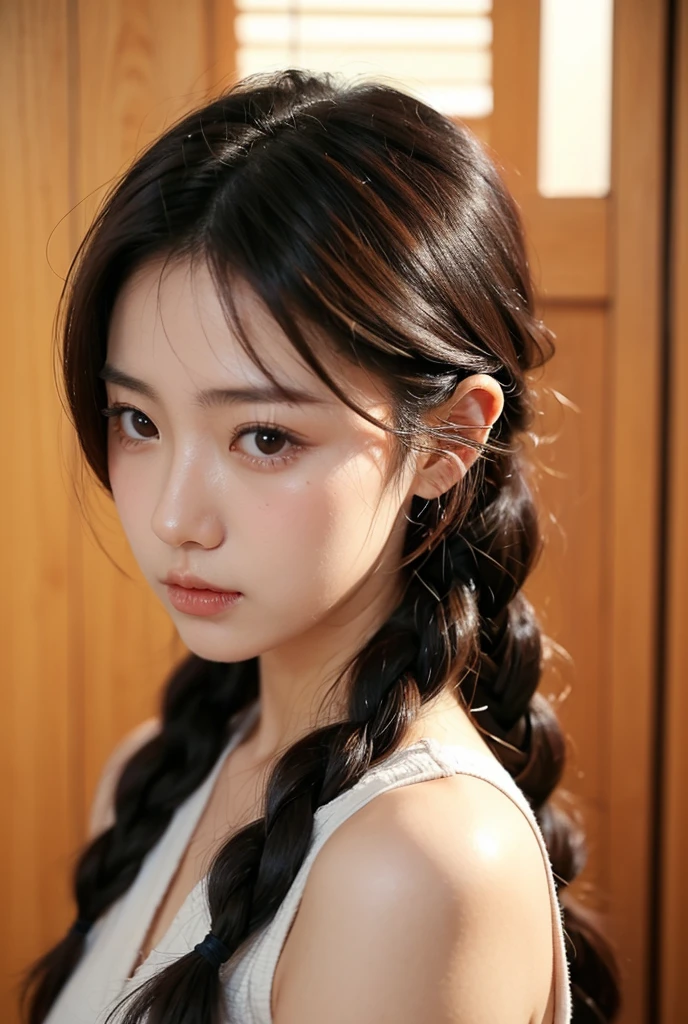 (22 year old Japanese beautiful girl,Thin eyebrows), (Small breasts,:1.5,),(solo,Textured skin, Detailed skin,Detailed face,Detailed eyes,detailed posing,High detail, Highest quality, Super detailed, Surrealism, ,8k,RAW Photos,Photographicism,Professional Lighting Ray Tracing,Aperture F1.2,Portrait Photography),(((Black Hair, Natural Makeup,Simple earrings,Braided Ponytail, ))),((Italian Restaurant,Window table seat,Eating pasta,Knitted sleeveless,))